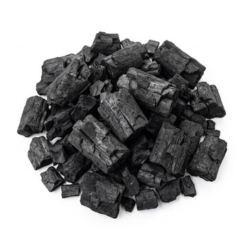 Pile of natural wood charcoal isolated on a white background. Hard wood charcoal. Black activated charcoal.