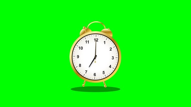 Vintage brass twin bell alarm clock ringing and vibrating animation with spinning hands stopping at 7 am isolated on green screen chroma key background