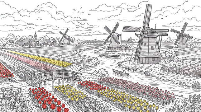 Dutch landscape with historic windmills and blooming tulip fields vector
