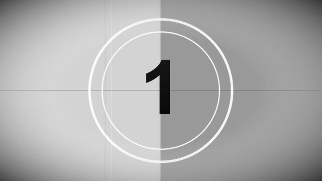 Vintage cinema film countdown leader animation with film scratches gate weave jitter and radar sweep