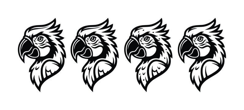 Set of four stylized parrot head in black and white