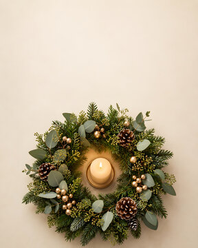 Christmas Candle Surrounded by Evergreen Wreath and Pinecones
