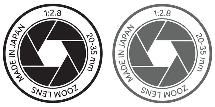 Camera lens aperture icon with zoom lens specifications