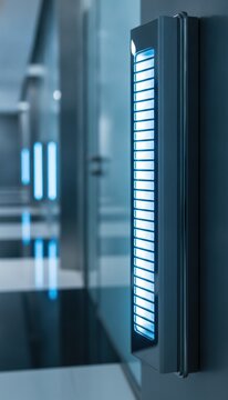 Modern electronic access control panel with blue glowing light mounted on a wall in a futuristic corporate office hallway