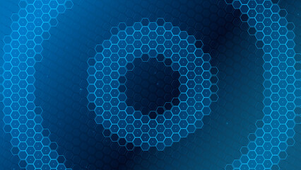 Abstract blue concentric rings formed by honeycomb hexagonal patterns, futuristic geometric...