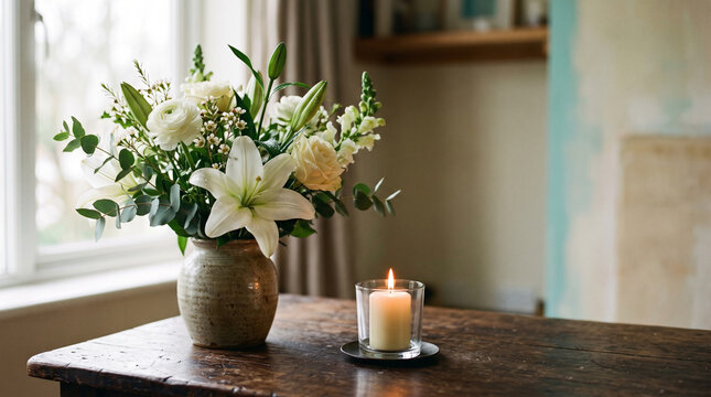 white lilies and burning candle in glass on wooden table