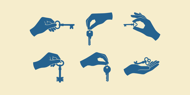 Set of human hands holding various metal keys isolated on beige background