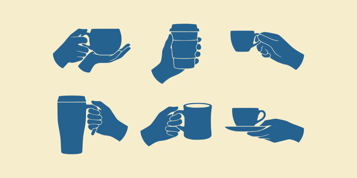 Set of human hands holding various coffee cups and mugs in silhouette