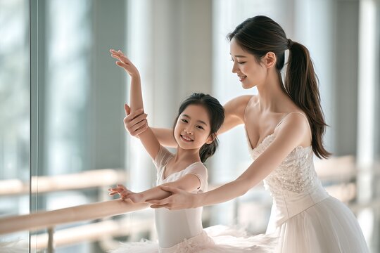 Korean ballet teacher instructing young girl at barre in dance studio
