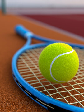 Close-up of a bright yellow tennis ball resting on a blue tennis racket strings