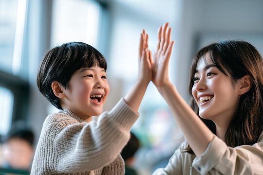 Korean boy and mother giving high five with happy smiles
