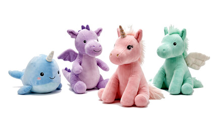 Naklejka premium Plush toys set featuring a blue whale. Purple dragon. Pink unicorn. Green winged horse