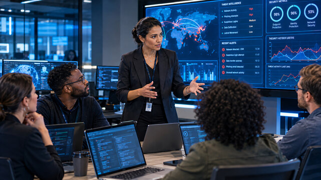 Female CISO briefing diverse cybersecurity team
