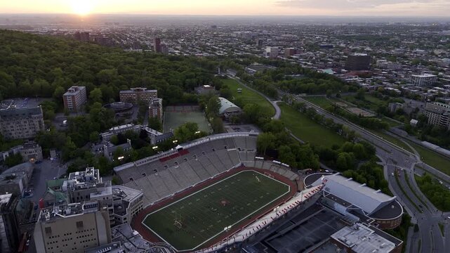 May 27, 2025, Montreal, Canada, aerial view of McGill University and Molson Stadium at sunset