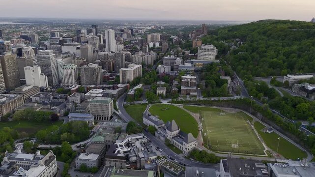 May 27, 2025, Montreal, Canada, aerial view of McGill University and Molson Stadium at sunset