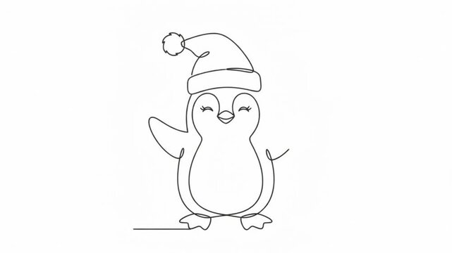 Continuous line of a cute penguin wearing a santa hat, minimalist christmas animation for holiday greeting cards