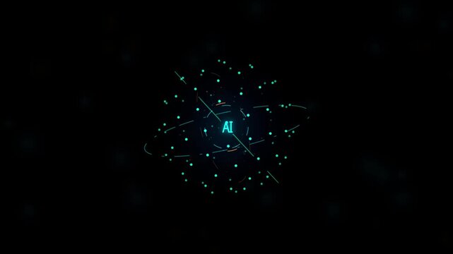 Artificial intelligence logo animation with orbital glowing lines and nodes data network tech 4K video