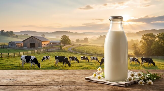 Fresh milk bottle on wooden table in front of a rural landscape with grazing cows