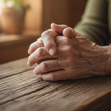 Close up of elderly wrinkled hands clasped together on a rustic wooden table in soft natural light, symbolizing aging, wisdom, and contemplation, concept of aging, wisdom, and quiet reflection