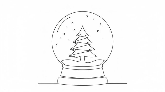Continuous line of a christmas snow globe with pine tree and falling snow animation single line