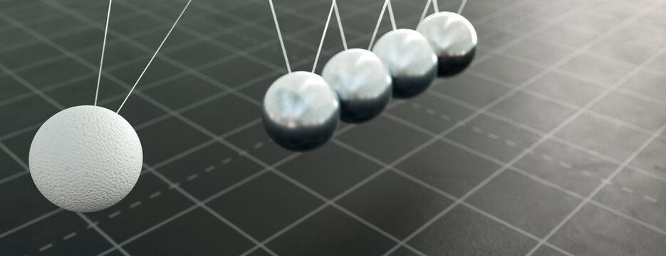 Newton's cradle demonstrates how a small impact can create a large effect on heavier balls
