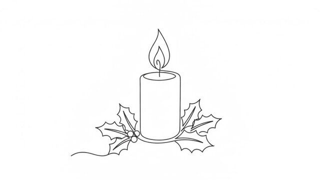 Continuous line of christmas candle with holly leaves animation single line