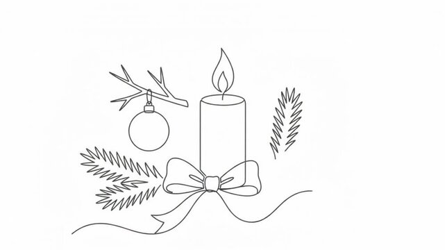 Continuous line of christmas candle with pine branches and ornament animation single line christmas holiday