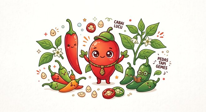 Cute cartoon chili pepper characters featuring various green plants and spicy red vegetable design elements surrounding