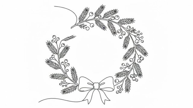 Continuous line of christmas wreath with bow animation, minimalist holiday floral decoration, festive seasonal