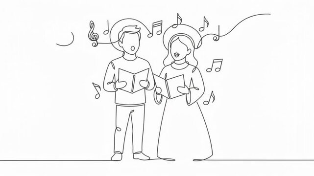 Continuous line of man and woman singing together with musical notes single line choir duet