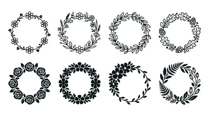 Fototapeta premium Set of eight circular floral wreaths and botanical frames line art with floral wreath flower circle round border
