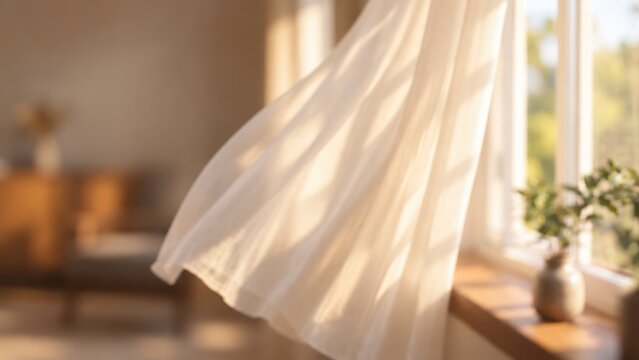White Sheer Curtain Flowing in Gentle Breeze Beside Sunlit Window with Warm Morning Sunlight for Peaceful Domestic Interior Concept