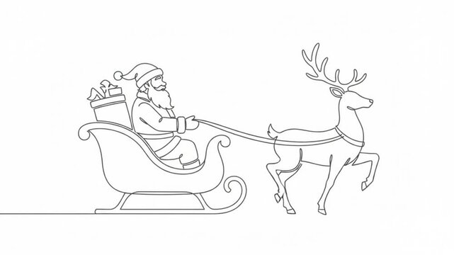 Continuous line of santa claus riding sleigh with reindeer, minimalist christmas animation for holiday greeting cards