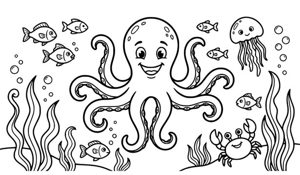 Smiling octopus with fish jellyfish crab and seaweed black and white underwater vector illustration