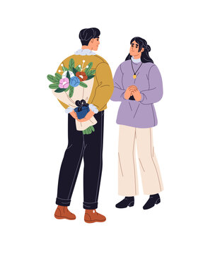 Boyfriend hides bouquet behind back, presents gift and flower to his girlfriend. Couple in love is at romantic date. Boy makes surprise proposal of marriage. Flat isolated vector illustration on white