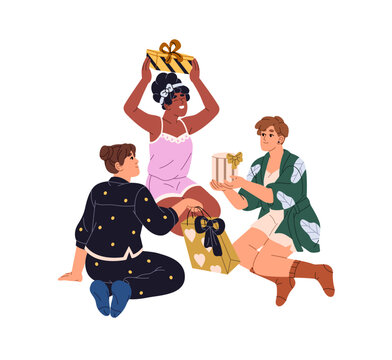 Happy friends in pajamas celebrate hen party. Girls exchange gifts at sleepover. Joyful women give presents to each other at festive night. Flat isolated vector illustration on white background