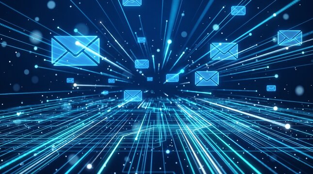 Abstract digital data transfer concept with email icons moving fast through light rays on cyber circuit background