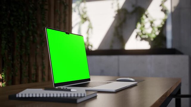 Laptop Green Screen Mockup in Modern Concrete Office Workspace - Perspective View