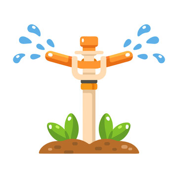 Orange rotating garden sprinkler spraying blue water droplets above a small green plant, illustrated as a colorful flat watering icon.