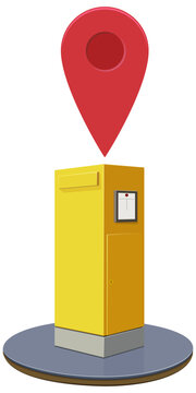 Modern yellow postal mailbox pillar with red location pin representing mail drop-off, courier dispatch point, and public communication services (cut out)