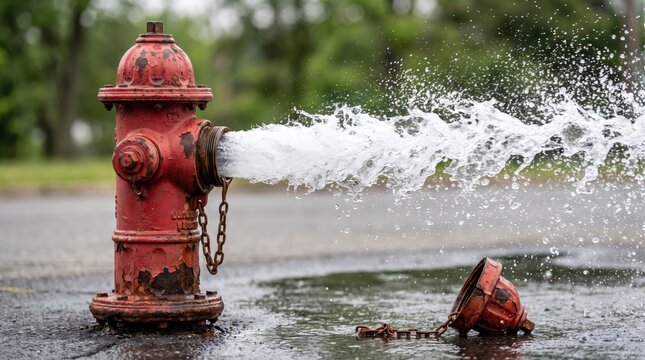 An open red fire hydrant gushing high-pressure water onto the road with its metal cap hanging by a chain.