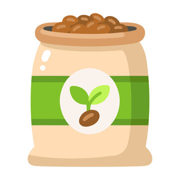 Beige seed sack filled with brown seeds and marked with a green sprout label, presented as a clean colorful flat agricultural supply icon.