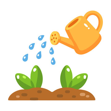 Orange watering can pouring blue droplets over three young green sprouts growing in brown soil, illustrating plant care in a flat garden icon.