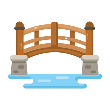 Small curved wooden garden bridge with brown railings and gray supports, illustrated from the front as a clean colorful flat outdoor structure icon.