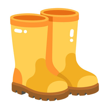 Pair of tall yellow-orange rubber farm boots with darker soles and highlights, standing together as a simple colorful flat farming footwear icon.