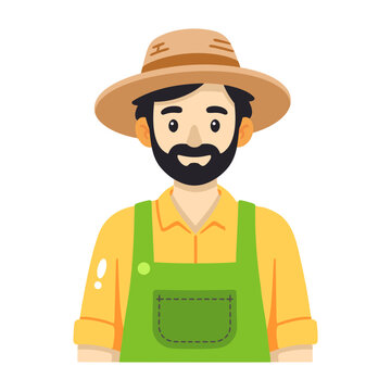 Smiling male farmer wearing a brown hat, yellow shirt and green overalls, shown from the waist up as a friendly colorful flat farm worker icon.