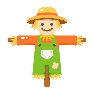 Cheerful scarecrow wearing a brown hat, green overalls and yellow shirt with outstretched arms, illustrated as a colorful flat farm field icon.