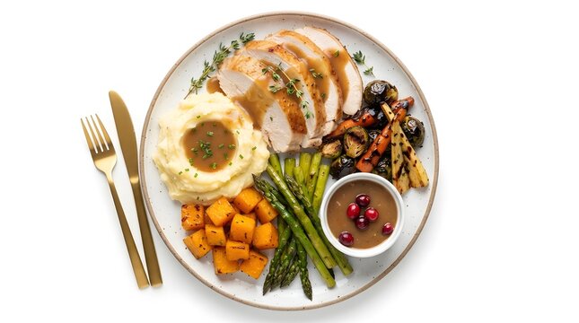 Thanksgiving dinner plate with sliced turkey, mashed potatoes, roasted vegetables, asparagus, and gravy isolated on white background