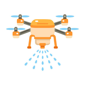 Orange and white agricultural drone with multiple rotors spraying blue droplets over green crops, shown as a modern flat precision farming icon.