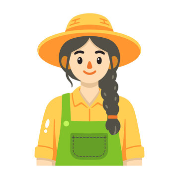 Smiling female farmer wearing a wide yellow hat, yellow shirt and green overalls, shown from the waist up as a colorful flat farm worker icon.